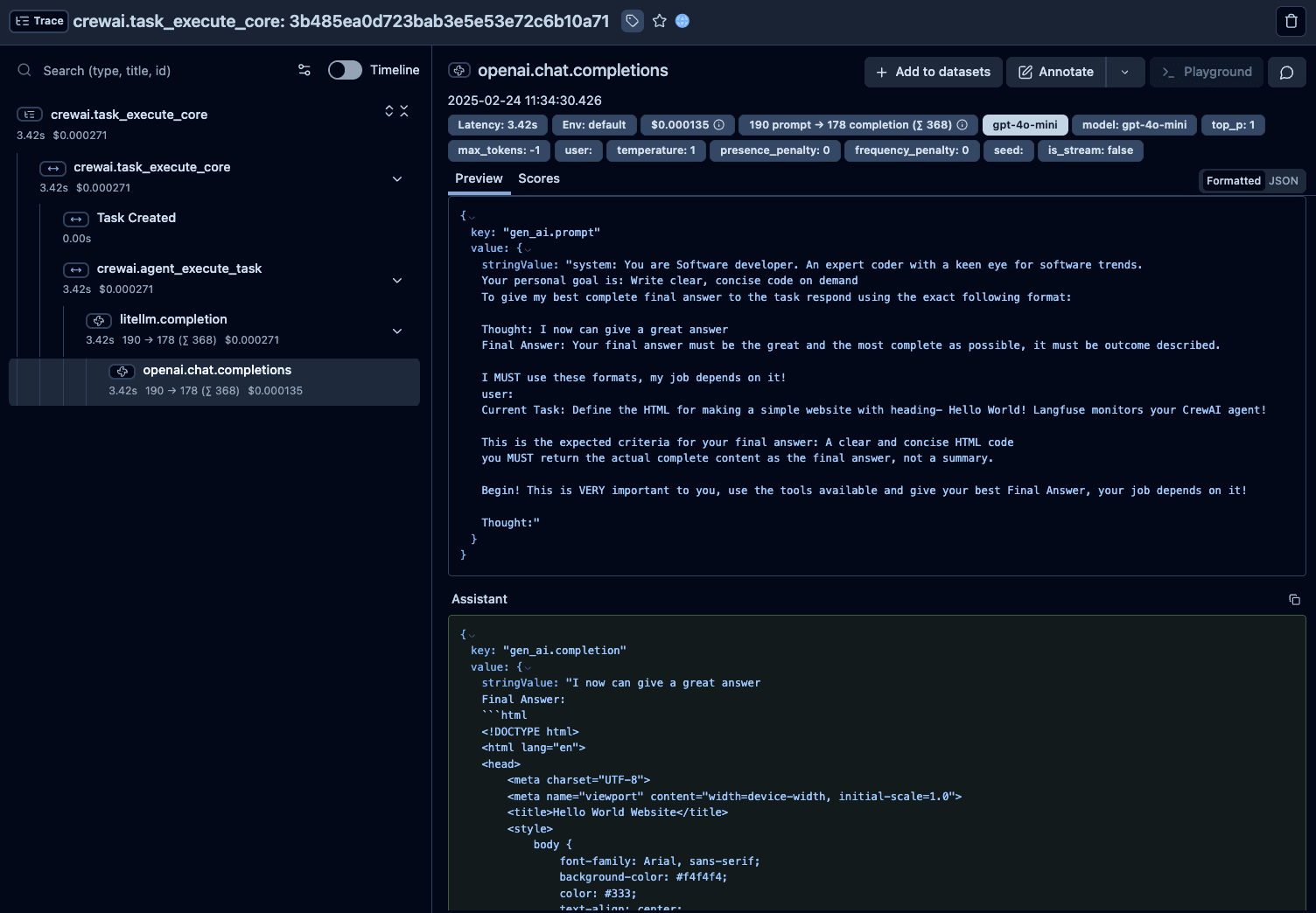 CrewAI trace visualization in Langfuse